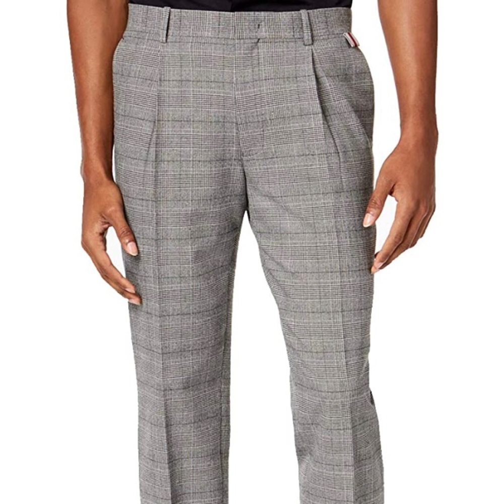 INC Slim Tapered-Fit Stretch Plaid Pleated Pants